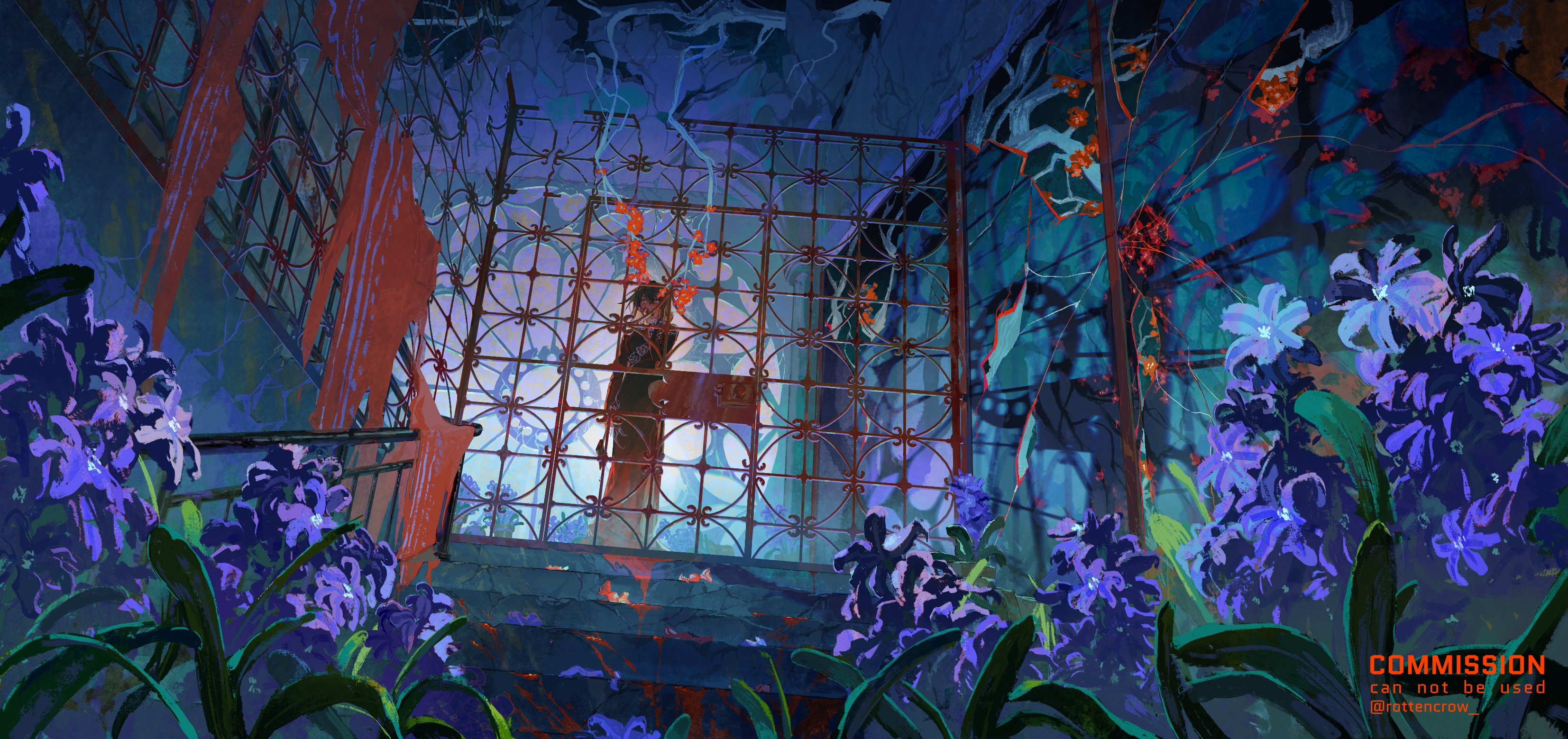 this digital painting depicts a woman standing in a doorway, looking up. the woman is a silhouette against a bright light and her hair is up in a bun. she is wearing a long dress and her clothing looks like it is a dark red color.  the doorway is surrounded by a large iron gate with a design of circles. the doorway is at the end of a stairway which is overgrown with plants and flowers, suggesting that the place is not in use. there is a large window behind the gate that looks like it is cracked and possibly broken. the walls are a dark blue color and there are many other colorful elements throughout the image like a red brick wall and other purple flowers, giving it a mysterious and creepy ambiance.