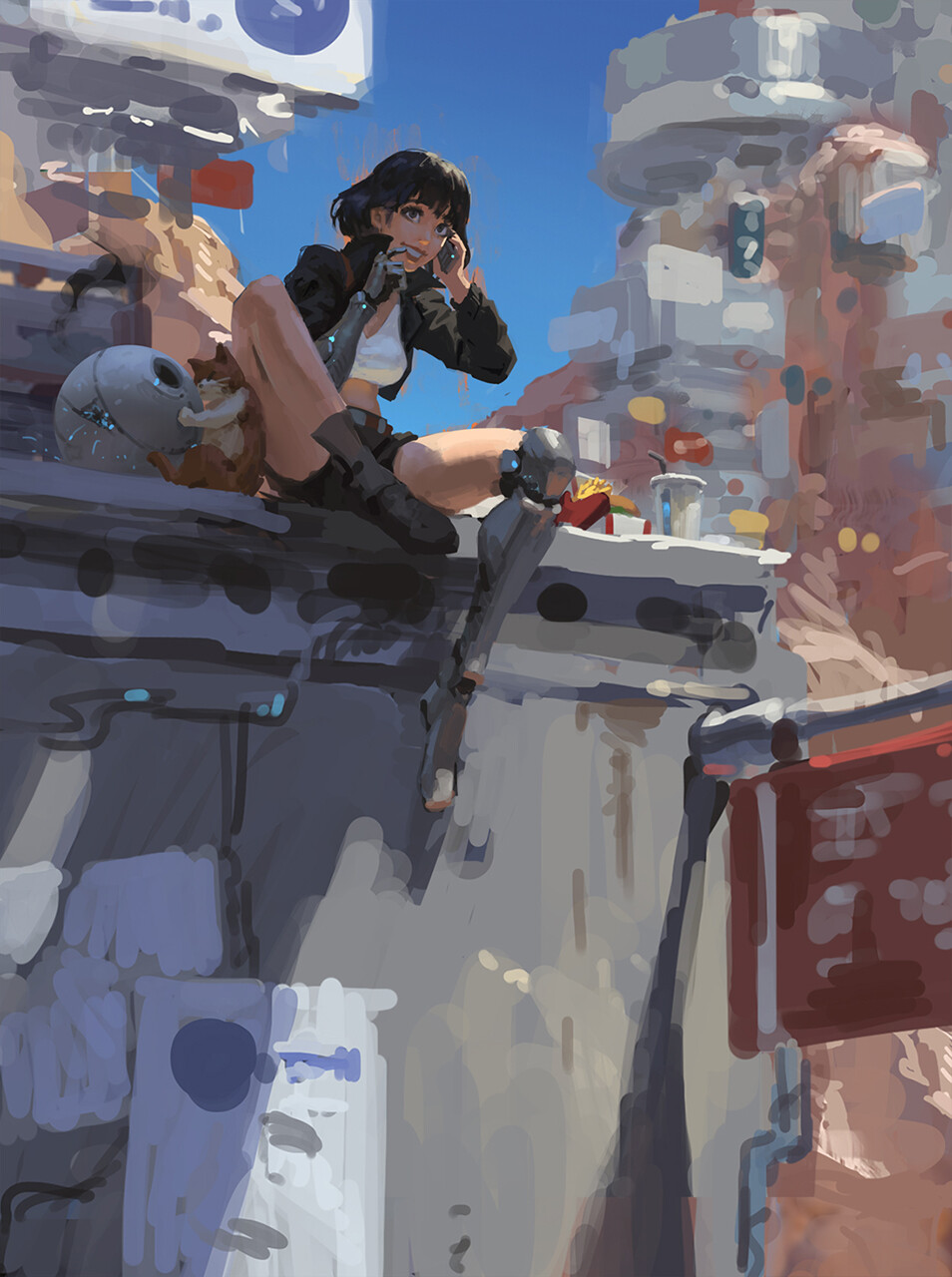 the image is a digital painting depicting a cyberpunk scene. a young woman with short dark hair is sitting on a wall in a futuristic cityscape. she is using a phone and has a prosthetic leg. a cat is sitting beside her, and there are fast food and a drink nearby. the background is a chaotic blend of buildings and urban structures. the style is loose and painterly, with visible brushstrokes. the overall mood is one of urban loneliness and technological advancement.