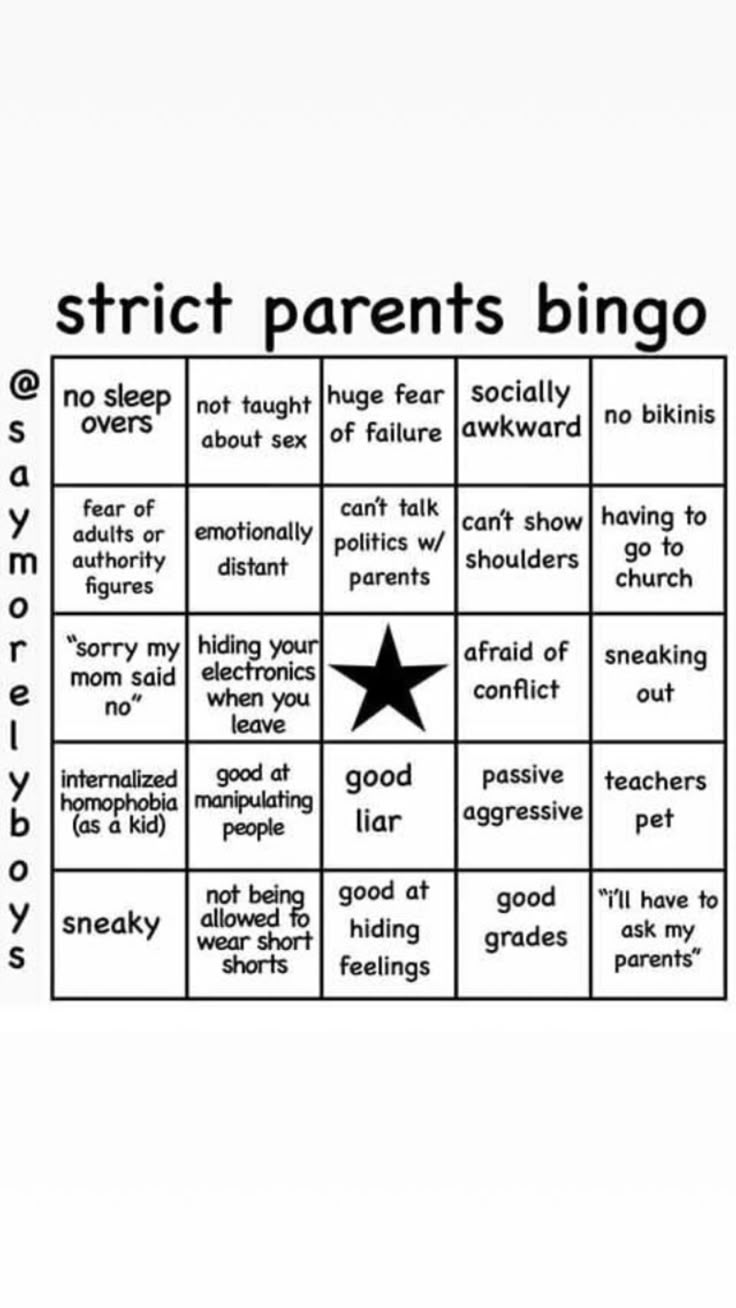 the image is a "strict parents bingo" card. it contains various experiences and characteristics that may be associated with having strict parents, arranged in a 5x5 grid.