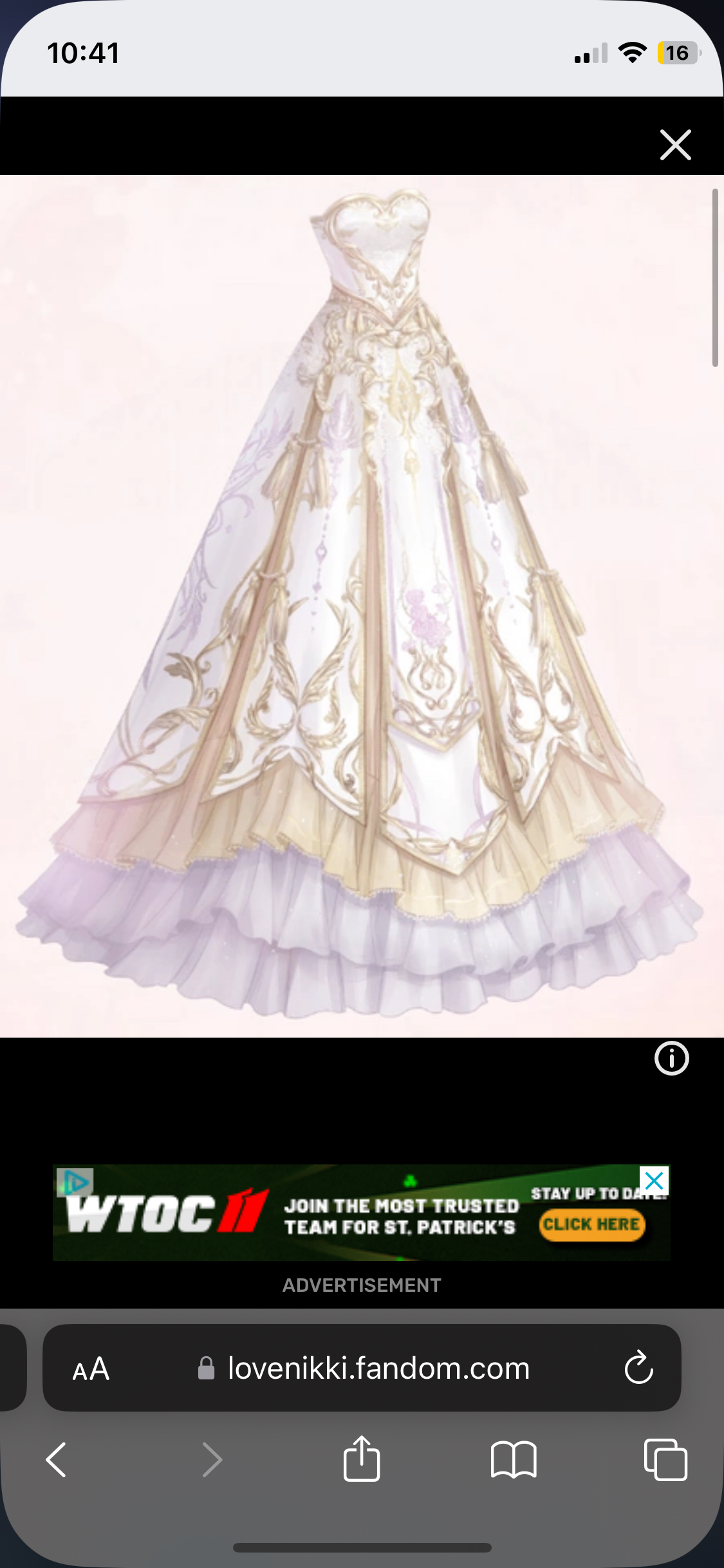 a screenshot of a web page showing a white and gold wedding dress. there are ads at the bottom of the image.