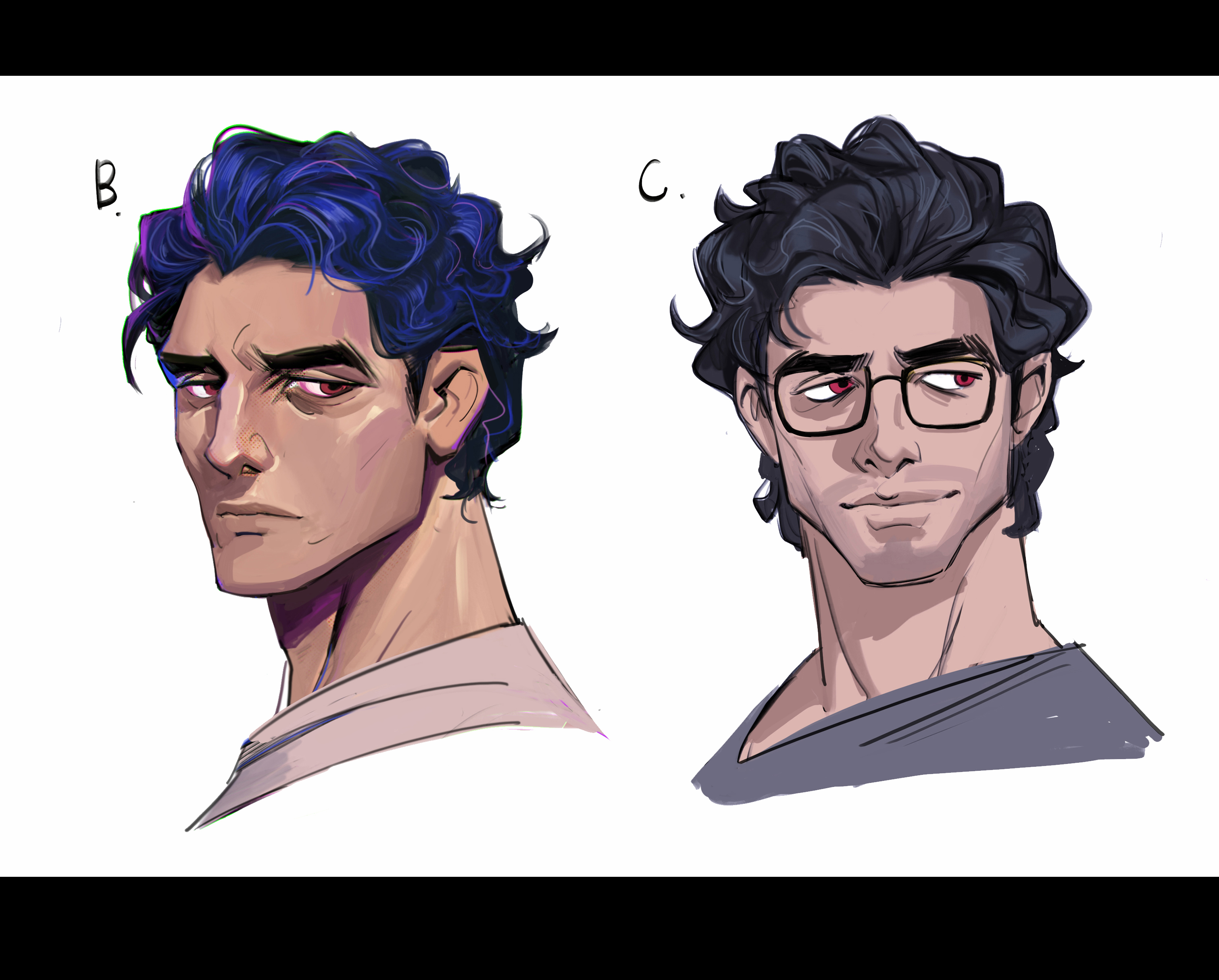 the image presents two digital paintings of the same male character, labeled "b" and "c".  the difference lies primarily in the hairstyle and the presence of glasses.  character "b" has vibrant blue, curly hair and a more serious expression. character "c" has dark, curly hair, is wearing glasses, and has a slightly softer expression. both portraits are painted in a stylized, illustrative manner with visible brushstrokes. the characters have similar features, suggesting these are variations of the same character for a potential project, perhaps a game or a comic book.