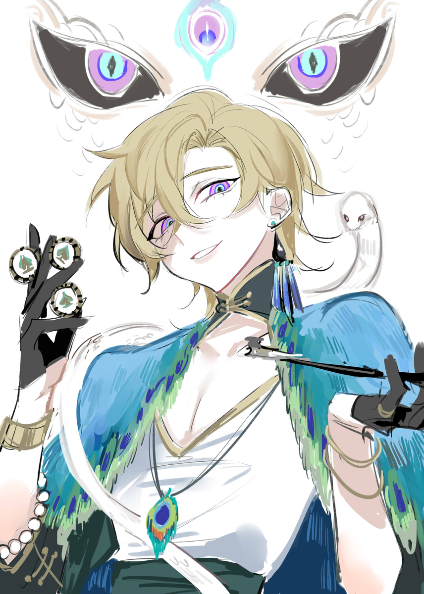this is a digital illustration of an anime boy. he has white hair and green eyes, is wearing a white shirt with a peacock feather pendant necklace, a blue and green jacket with peacock feathers, and gold jewelry. he is holding a suit of cards (an ace of each) and is smiling with one eye closed. a white bird is perched on his shoulder. he is looking at the camera. the background is white.
