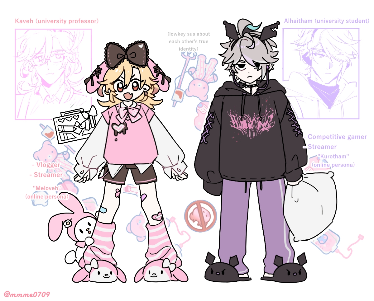 the image is a digital drawing of two anime characters. one is a male character with black hair and purple eyes. he's wearing a black hooded sweatshirt with a pink design and purple pants. he's carrying a pillow and is wearing black slippers. the other character is a female character with blonde hair and blue eyes. she's wearing a pink shirt with a black bow, a white collar and white sleeves, and black shorts. she's wearing pink socks with a white and black design, and pink slippers with a white and black design. the male character is labeled "alhaitham" and is identified as a competitive gamer and streamer. the female character is labeled "kaveh" and is identified as a university professor. they are both drawn in a kawaii style and have a lot of detail.