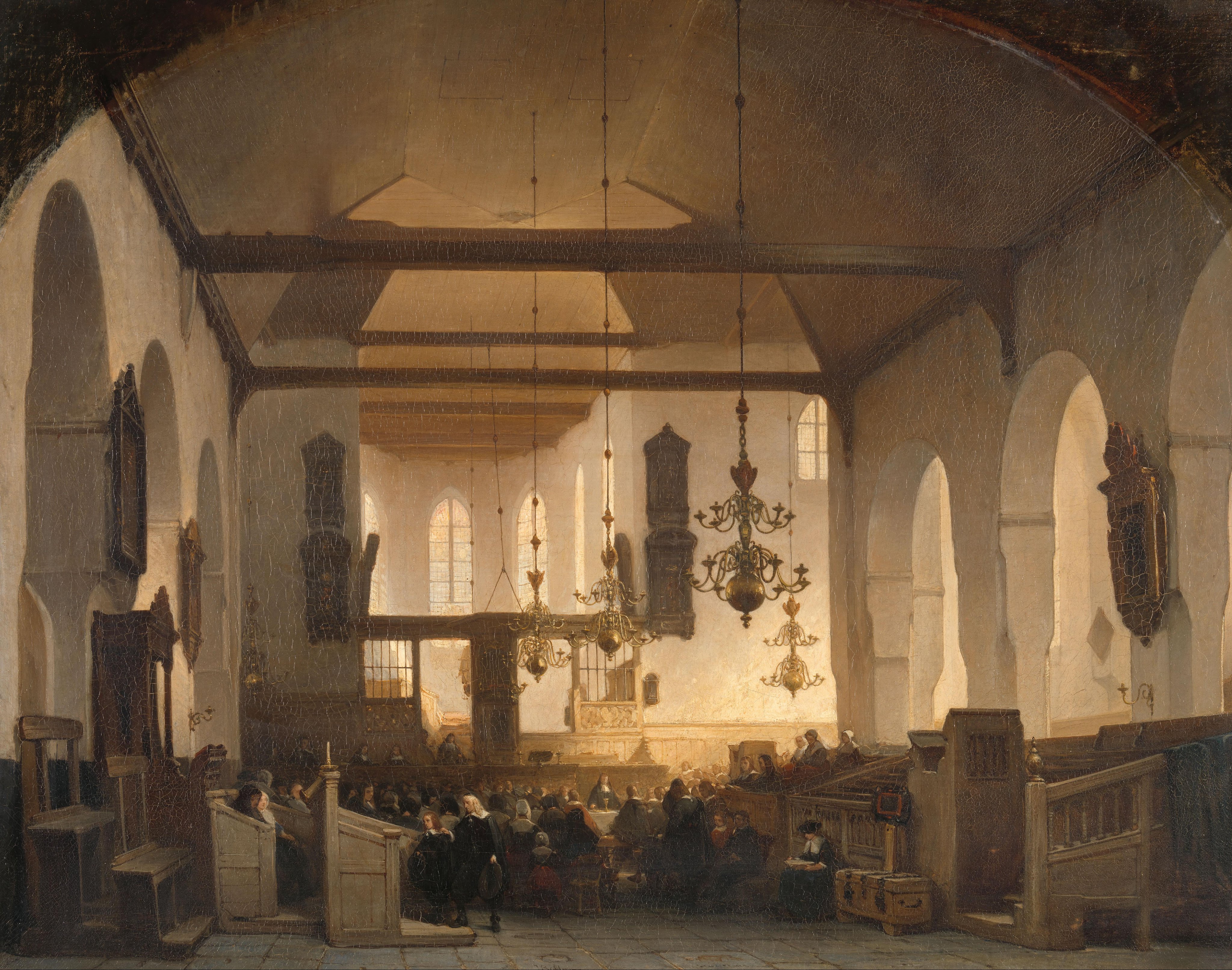 the image is a painting depicting the interior of a church. the scene shows a congregation of people seated in pews, with chandeliers hanging from the ceiling. the architecture of the church features arches and a high, vaulted ceiling. the painting captures a religious gathering or worship service within the church.