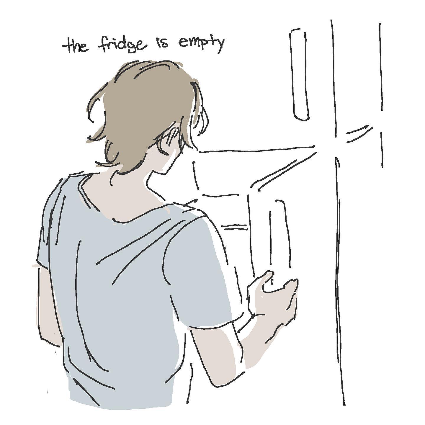 a simple line drawing of a man with short hair wearing a tshirt looking into an empty fridge. the fridge has a bright light emanating from inside.  the words "the fridge is empty" are above the man's head.  the image is black and white and on a white background.