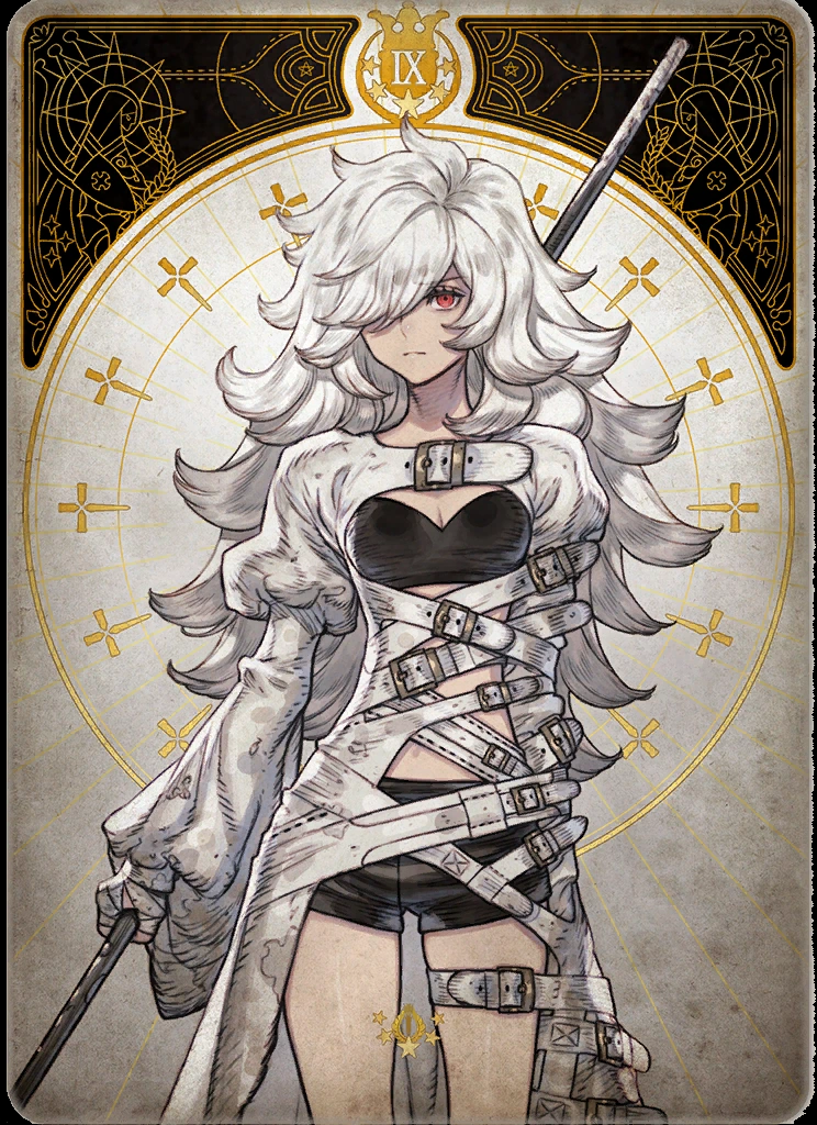 the image depicts a stylized drawing of a young woman, seemingly an anime character, in the style of a tarot card. she has long, flowing white hair with one eye, a striking red, visible. her attire consists of a white garment resembling a straightjacket with numerous straps and belts, paired with black shorts.  she holds a long staff in her right hand, her expression stoic. the backdrop features an ornate circular frame with cross motifs and roman numeral "ix" at the top, contributing to the overall tarot card aesthetic.