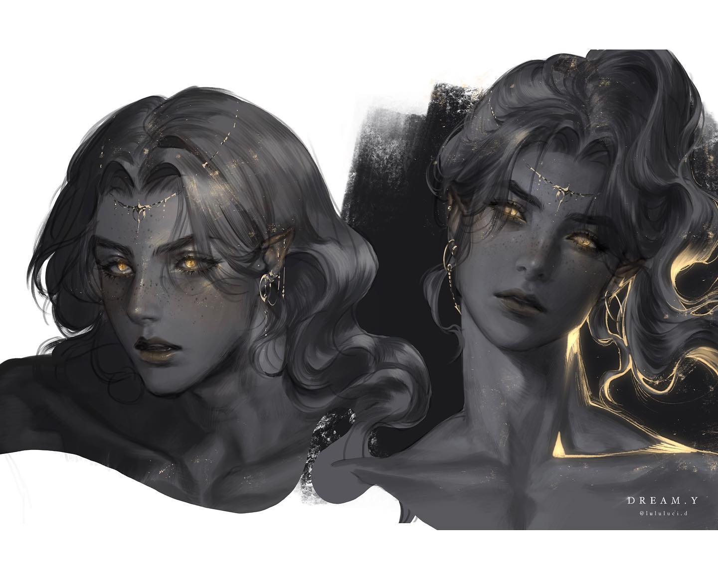 a digital painting of two ethereallooking individuals with long flowing hair and pointed ears, suggesting they may be elves. they have glowing golden freckles, delicate golden accessories, and their skin is predominantly shades of gray. the background is a textured black and white. the overall style is elegant and otherworldly.