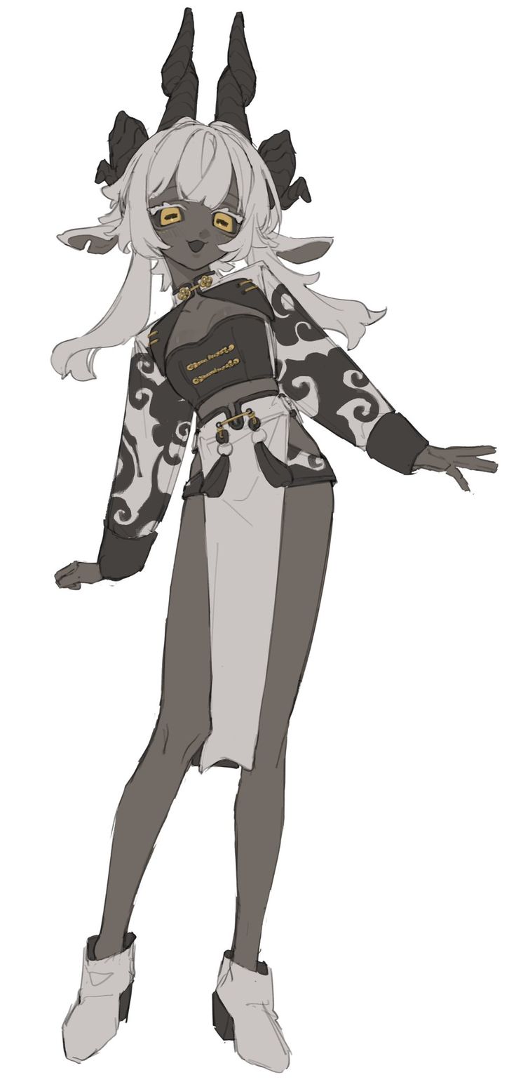 he image is a fullbody illustration of an animestyle female character. she has goatlike horns, grey skin, and long white hair. she's wearing a darkcolored top with white accents, a white skirt, and dark grey boots. her expression is neutral, and she's posed in a dynamic stance. the art style is somewhat simplistic, with soft lines and shading. the overall color palette is muted, with shades of grey, black, and white predominating.