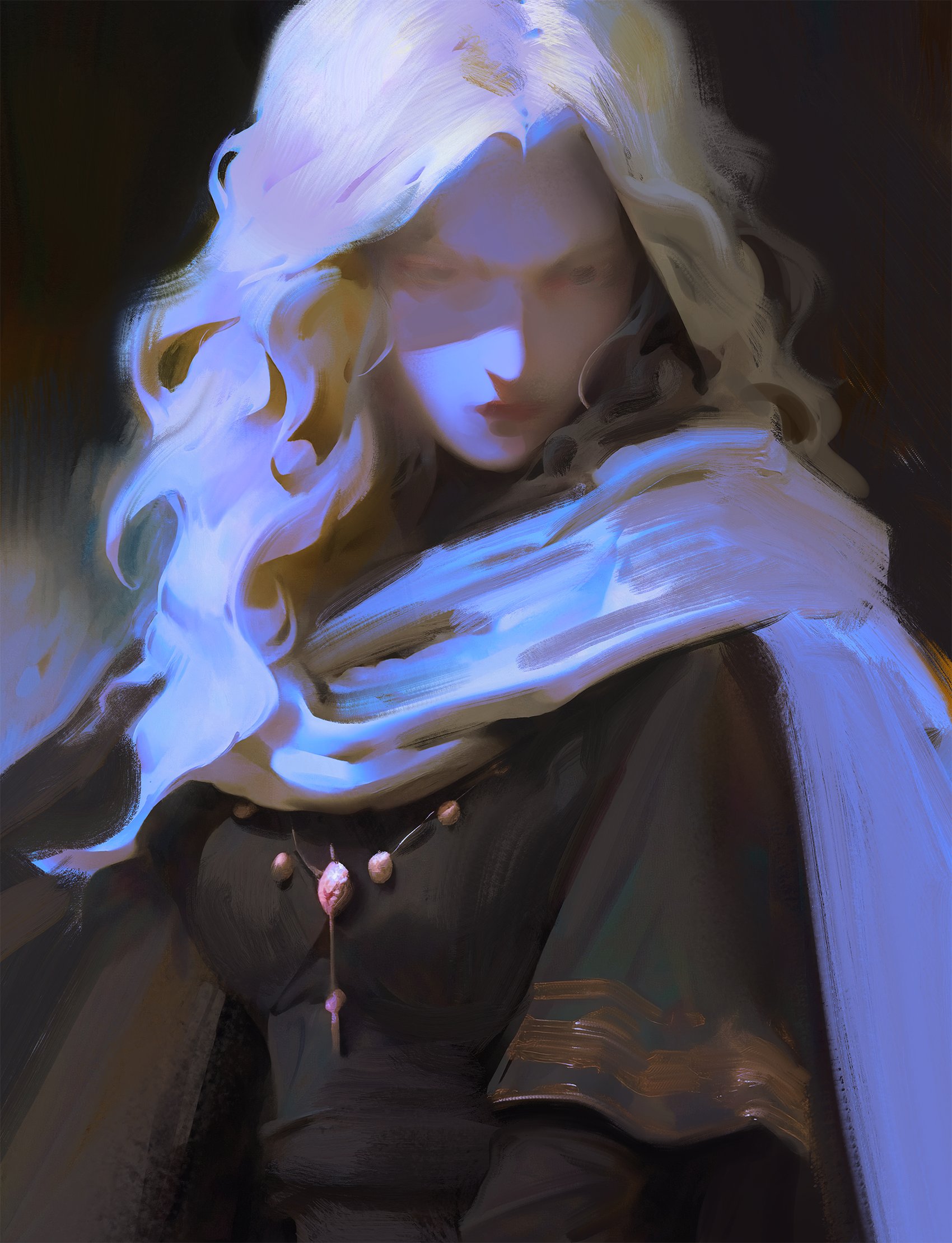a painting of a woman with long white hair and a blue scarf, with a mysterious and melancholic expression on her face.