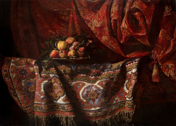 this is an oil painting of a still life. it features a variety of fruits, including peaches, apples, plums, and pomegranates arranged on a platter. the fruit is placed on a patterned oriental carpet draped over a surface. behind the fruit and carpet is a richly colored red cloth, possibly velvet or brocade, with gold detailing. the cloth is draped in folds and has a tassel hanging from its edge. the overall composition is dark and moody, with the rich colors of the fruit, carpet, and cloth providing a striking contrast to the dark background. the painting is in a classical style.