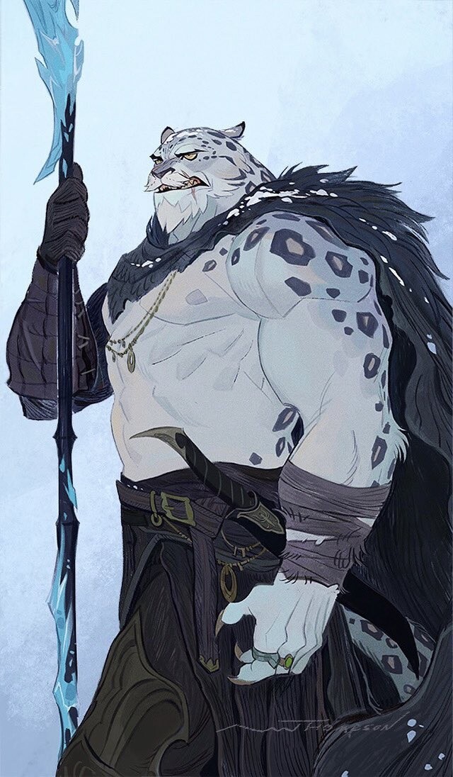 this digital illustration depicts a snow leopard anthropomorphic warrior, clad in dark leather armor, wielding a spear with a blue ice tip. he has a cape/cloak, muscular build, and a determined expression on his face. the image appears to be fantasythemed, capturing the warrior's proud and powerful presence.