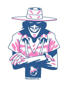 this illustration features a stylized character, likely a villain, drawn in a cartoonish manner. he is depicted from a frontal perspective with his arms confidently crossed, sporting a mischievous smile. his attire, a vibrant pink shirt with a palm tree motif and a classic cowboy hat, suggests a westerninspired theme.