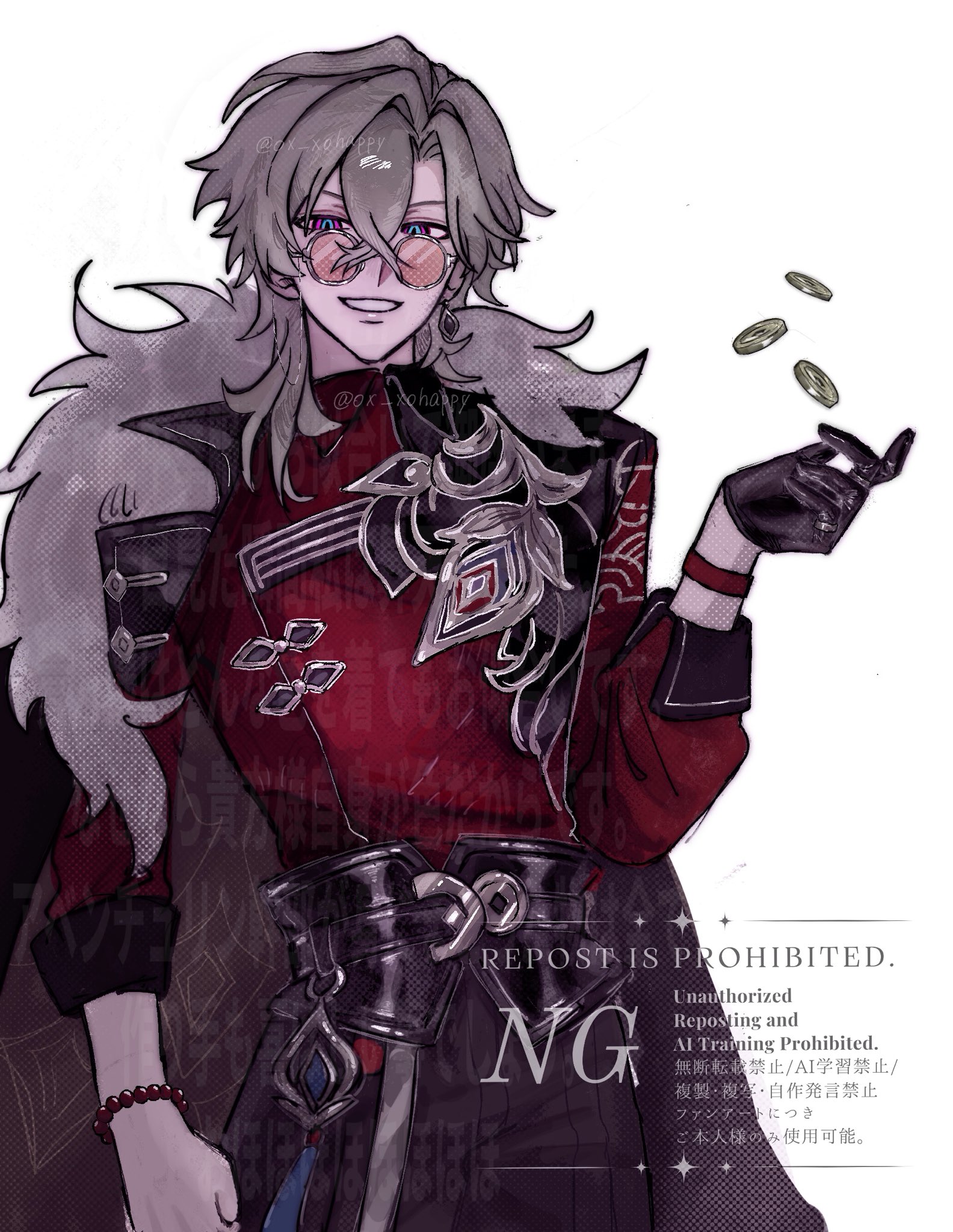 the image is a piece of digital fanart depicting scaramouche, a character from the popular video game genshin impact.  he's stylishly dressed in a dark red and black outfit with ornate detailing, accessorized with sunglasses and a sizable grey/white fur collar.  he has long, flowing grey hair.  his expression is smug and confident. he's holding a few gold coins in his hand, which are being tossed into the air.  the background features text clearly stating that unauthorized reposting and ai training are prohibited, along with the artist's signature "@oxxohappy". the overall style is anime/manga inspired, with a focus on detailed clothing and a somewhat stylized character design.  the color scheme is primarily dark and deep reds and purples.