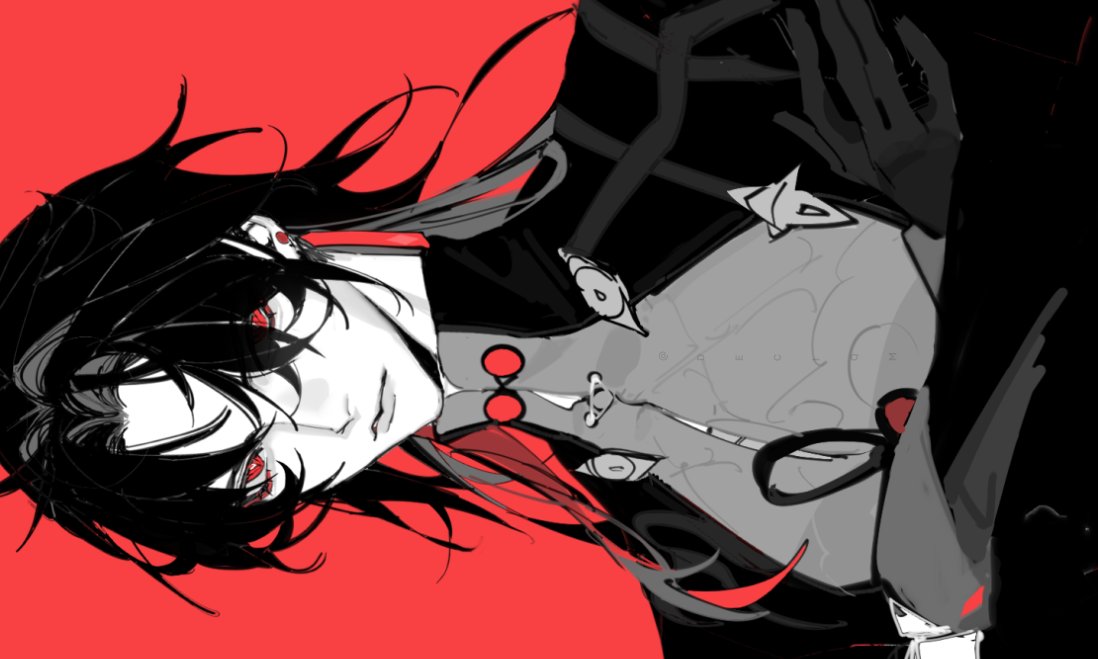 a digital illustration of a male anime character with red eyes and black hair, wearing a black outfit with a red collar and a black armband.  he has a red background and red eyes, giving him a menacing look.  the art style is reminiscent of manga.  the image is a digital painting that is stylized in a way that's common in anime and manga art.