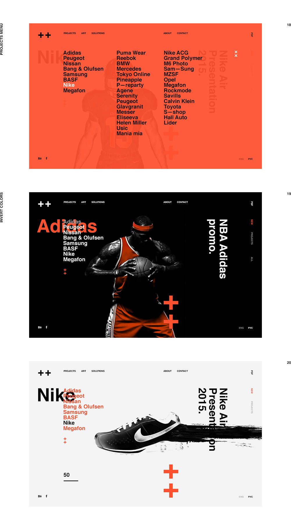 this is a screenshot of a website with a focus on nike and adidas branding and marketing. it has three mockups for the website with different layouts and content.  the website uses typography, imagery, and a color palette of red, black, and white to create a striking visual identity. the website features images of basketball players, shoes, and logos, all of which are related to sports and lifestyle. the website's design is modern and sleek, with a focus on simplicity and clean lines. the content of the website is mostly textbased, with a few images used to illustrate key points. the overall tone of the website is professional and engaging.