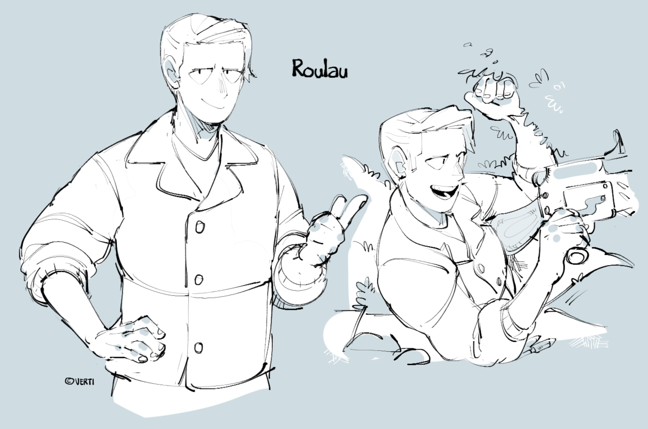 this is a sketch style illustration of two cartoon boys. on the left, a boy is wearing a jacket with a zipper and is standing with his arms crossed and smiling. on the right, the boy is wearing a jacket over a shirt with a collar and is smiling while holding a gun in his right hand. he is standing with his left hand raised. both characters are drawn in simple black lines.  the background of the image is blue. the text "roudau" is at the top of the image.