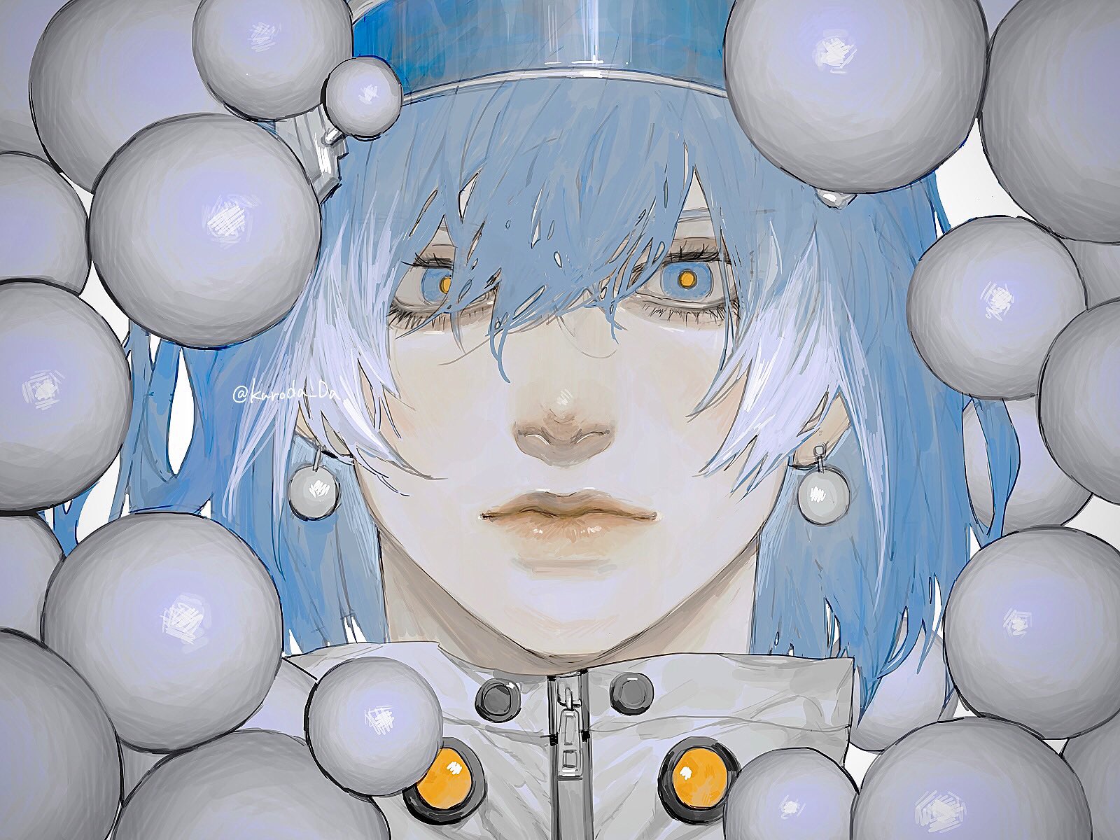 the image features a closeup portrait of a young man with striking blue hair and captivating white eyes. he is surrounded by an array of translucent bubbles that seem to float around him, creating a sense of ethereal beauty. the man's expression is serene and almost melancholic, adding a layer of intrigue to his enigmatic aura. his attire suggests a futuristic setting, with a white, highcollared jacket adorned with metallic accents. the soft lighting illuminates his features gently, enhancing his delicate features and otherworldly charm. the image is a mesmerizing blend of fantasy and realism, capturing the essence of youth and the allure of the unknown.