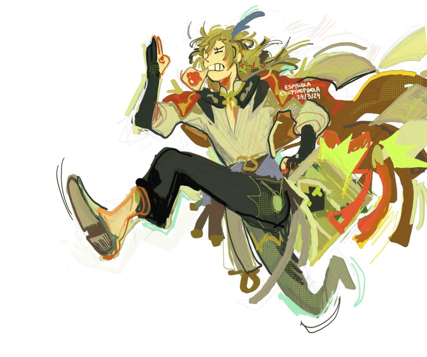 a digital painting depicting a stylized male character in a dynamic running pose. the character has blond hair, is wearing fantasyinspired clothing including a cape, and is depicted midleap with a determined expression. the art style is expressive and colorful, utilizing abstract elements and loose brushstrokes. the date "29/3/24" and the artist's name or handle "espiloca espiliopiola" are visible on the cape. the overall composition is energetic and suggests movement.