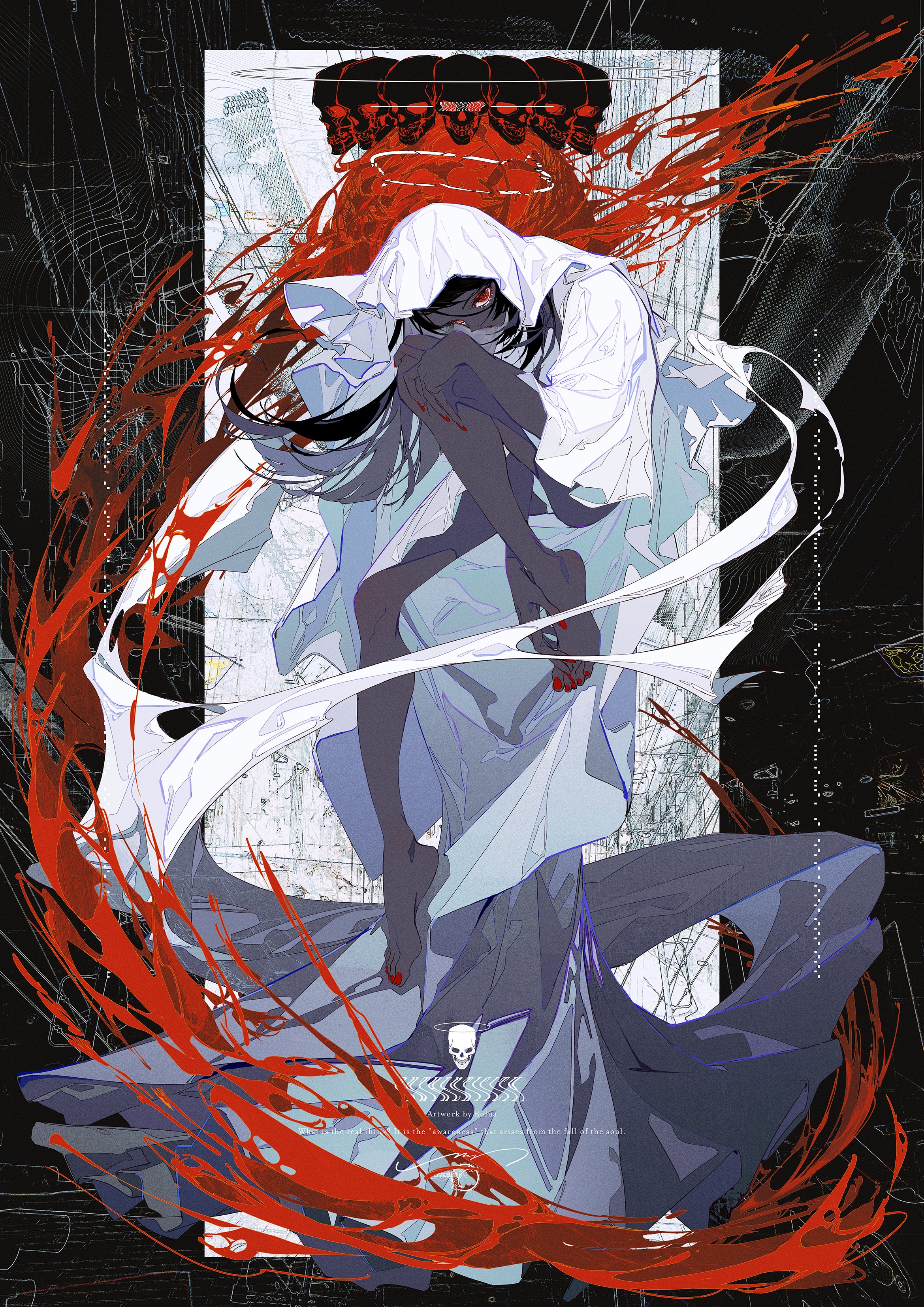 this digital illustration depicts an anime girl in a white hooded robe standing in a swirling vortex of red and black. her long black hair spills out from under the hood, and she is depicted with her hands around her chest. she is surrounded by a halo of blood, and the image is filled with skulls, suggesting a theme of death and darkness. the art style is highly stylized and uses abstract lines and shapes to create a surreal and evocative scene.