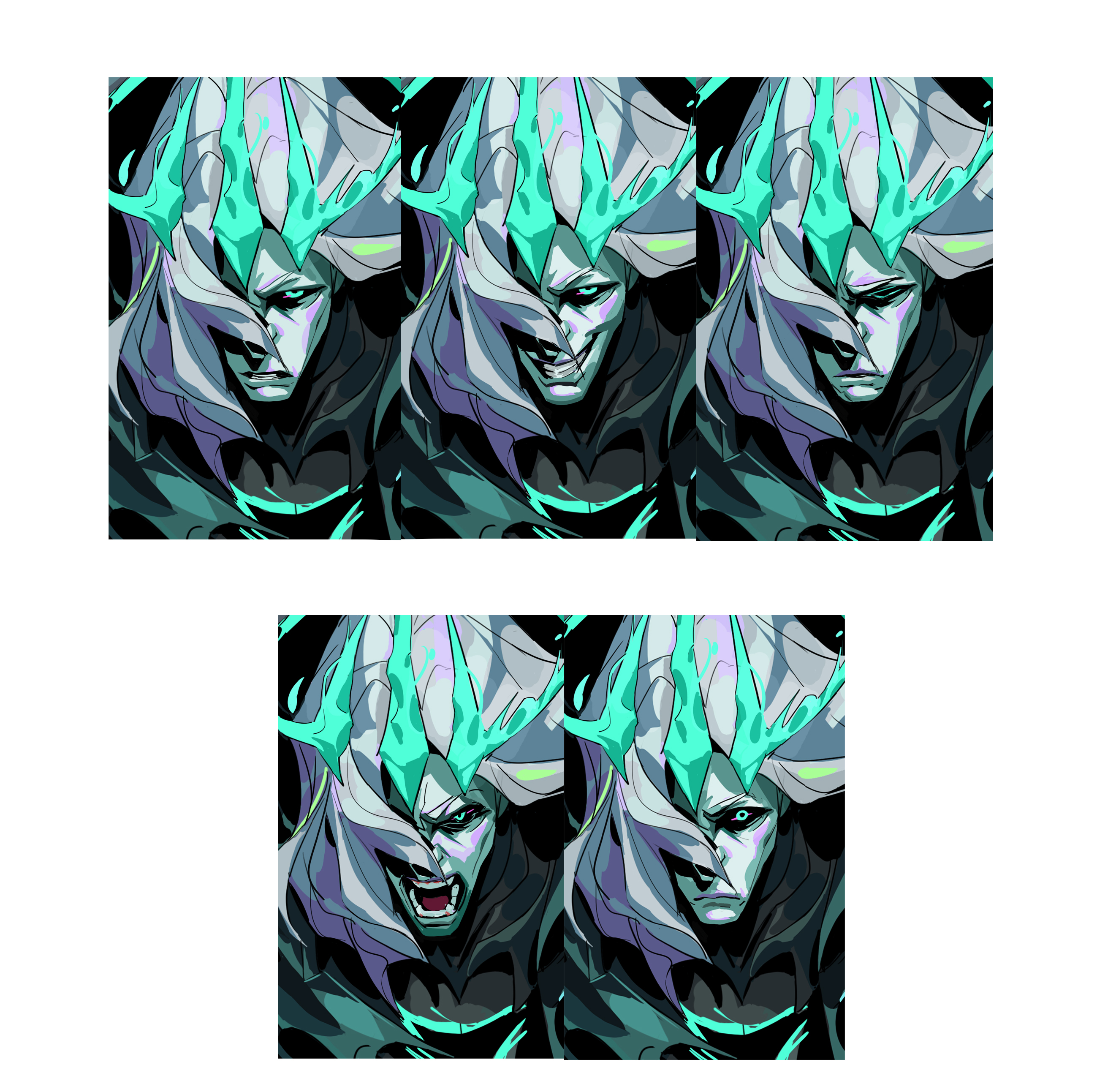 the image shows a sprite sheet of a video game character. the character is depicted in an animeinspired style, with long white hair, teal or turquoise accents resembling horns or a crown, and a pale complexion. the sprite sheet displays a variety of facial expressions, including serious, angry, and neutral expressions. the character appears to be from a fantasy setting, given the style and design elements. the background is dark, creating contrast with the character’s light coloring. the overall style is sharp, stylized, and digitally rendered, suggesting it’s a piece of artwork intended for use in video game development.