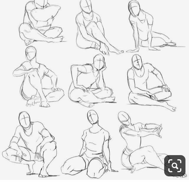the image shows a sheet of paper with 9 sketches of human figures sitting in various poses. the figures are drawn with simple lines and circles for the heads and bodies, showing the basic structure and flow of the poses.