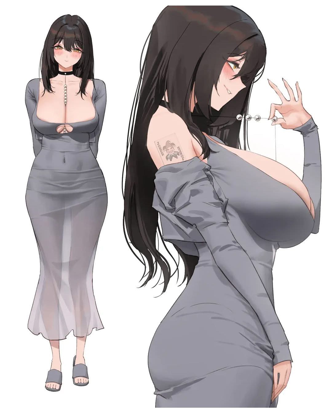 an animestyle image of a woman with black hair wearing a grey dress with long sleeves and a collar. the dress has a low neckline showing cleavage, and a seethrough skirt. she's wearing sandals and has a tattoo on her arm. the image shows both a full body front view and a closeup side view of her holding a string of beads. the image has a sensual vibe.