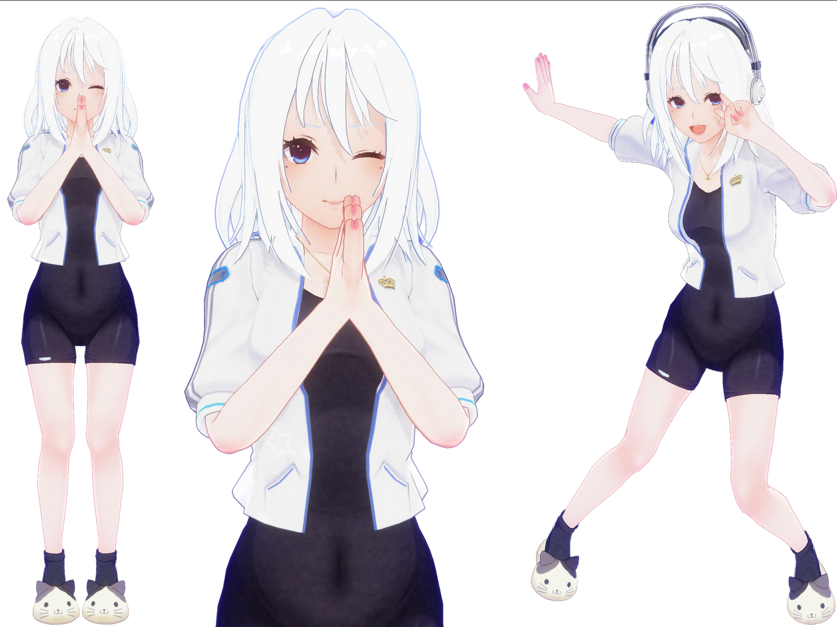 this image features three different poses of the same anime character. the character is a girl with white hair, fair skin, and brown eyes. she's wearing a white jacket over a onepiece black swimsuit and white slippers with cat ears.  she has a content expression in all three poses. in the leftmost pose, her hands are clasped in front of her face and she's winking. in the center pose, her hands are in front of her chest in a praying gesture with her eyes closed. in the rightmost pose, she has white headphones over her ears and has her arms up in the air with a peace sign on her right hand.  the image has bright, artificial lighting and the background is transparent.