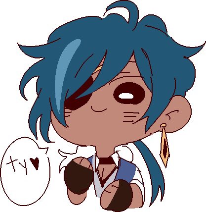 a chibi anime character with blue hair and an eyepatch is smiling and making a heart with his hands. he is wearing a white shirt, blue vest, and black gloves. he is also wearing a gold earring. the background is white.