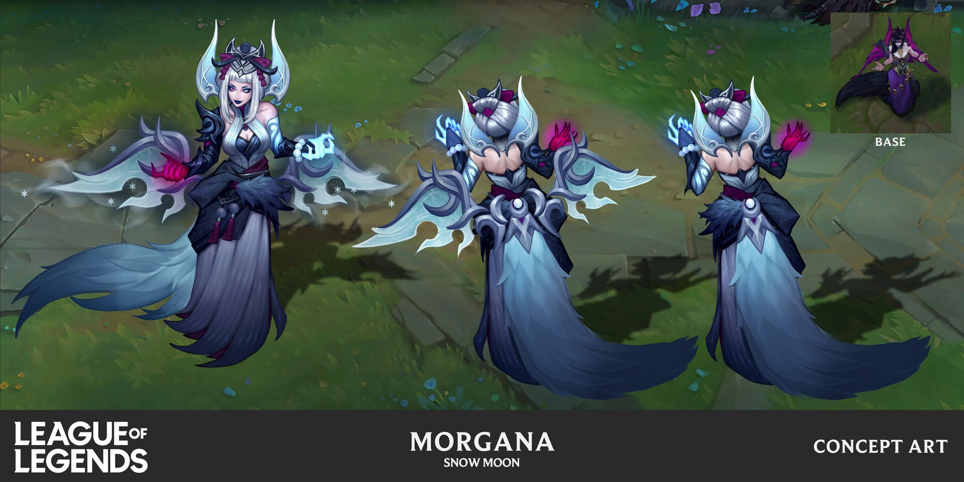 this image showcases concept art for a snow moon skin of morgana in league of legends. the artwork displays morgana in three different views: a front view, a back view, and a side view. each view beautifully depicts her elegant and powerful design, featuring a flowing, icyblue dress, ornate headdress, and  large, winglike adornments. the color palette is primarily a blend of dark and light tones, with cool blues and purples dominating the scene. a small box in the upper right corner shows the base skin of morgana for comparison. the image is highquality and clearly shows the intricate details of the character design, showcasing the artistic skill behind the creation of this ingame skin. the background features a grassy area consistent with the game's environment.  "league of legends" and "concept art" are prominently displayed at the bottom of the image. the text "morgana snow moon" is also included to clarify the skin.