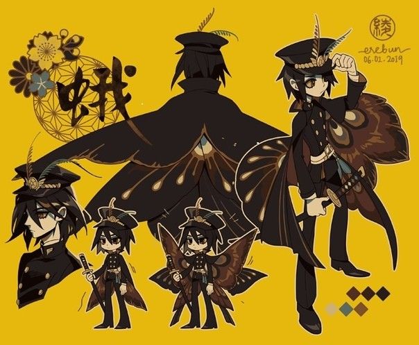 this is a colorful illustration of an anime character. the character appears to be a young man with black hair and eyes. he is wearing a dark, militarystyle uniform, including a hat with a moth design on it. he has a pair of large, mothlike wings and is holding a sword in his hand. he is surrounded by a large, golden mothlike shape. the background is a yellow color.