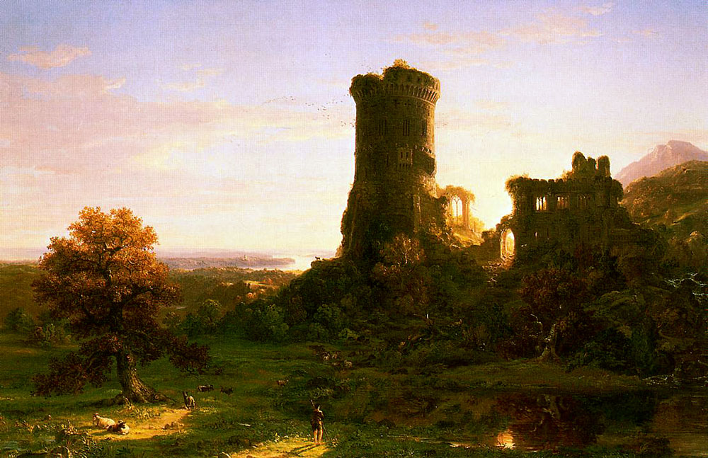 the image shows a pastoral landscape painting featuring the ruins of a castle complex, with a prominent round tower and other parts of the castle covered in foliage, set on a hill against a backdrop of a sunset sky. the foreground includes a lake reflecting the sunlight, and a man standing near its edge, with sheep grazing in a meadow and a large tree to the left. birds are flying around the tower. the overall scene suggests a sense of tranquility and the passage of time.