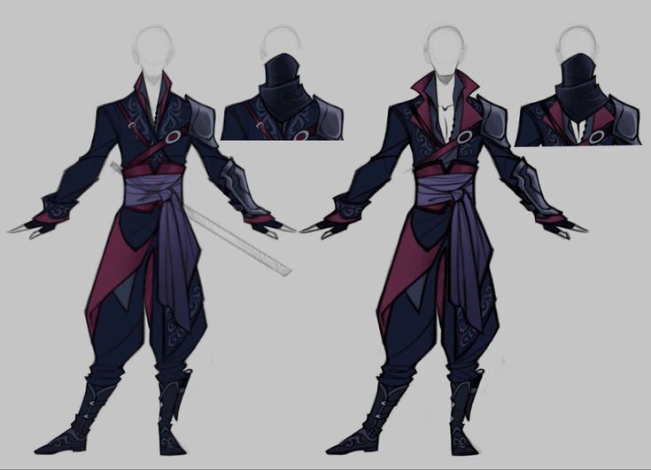 this is a detailed drawing of a male character, showcasing his clothing and weapons. his outfit is a mix of black, purple, and red colors with intricate details and designs, hinting at a ninja or assassin aesthetic.  the character is depicted from the front, back, and with closeup details of the upper body.  the drawing is wellexecuted and full of detail, showcasing a stylish and intriguing concept for a character.