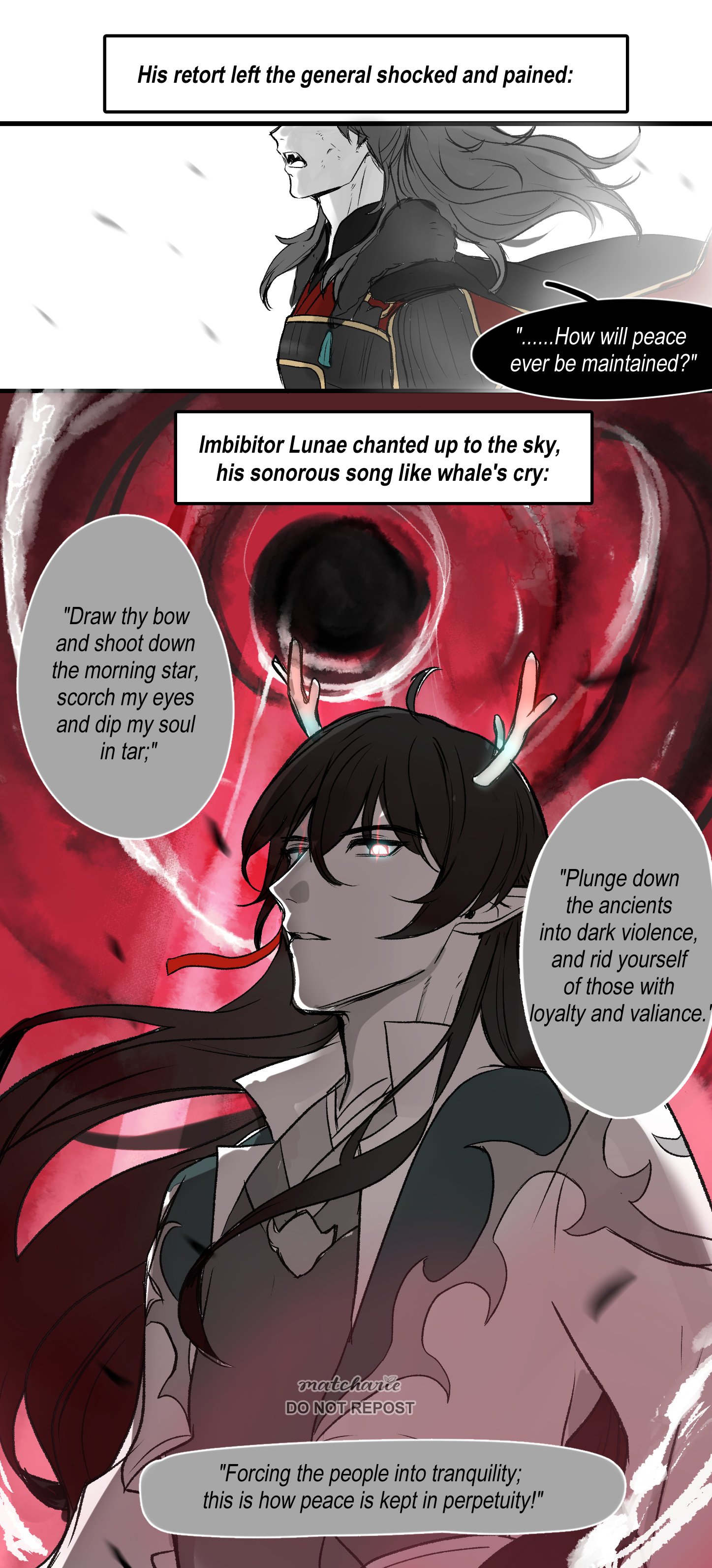 the image is from a manga comic. the image features a man with long black hair and red eyes. he is wearing a white shirt and a red jacket with black accents. the background is a dark red with a black star in the middle. the man's eyes are glowing red and he's looking menacing. the dialogue is in a speech bubble with a darker red background and the writing is in white font. the dialogue says, "draw thy bow and shoot down the morning star, scorch my eyes and dip my soul in tar." the man is surrounded by dark red shadow and light. the image conveys a sense of power and evil.