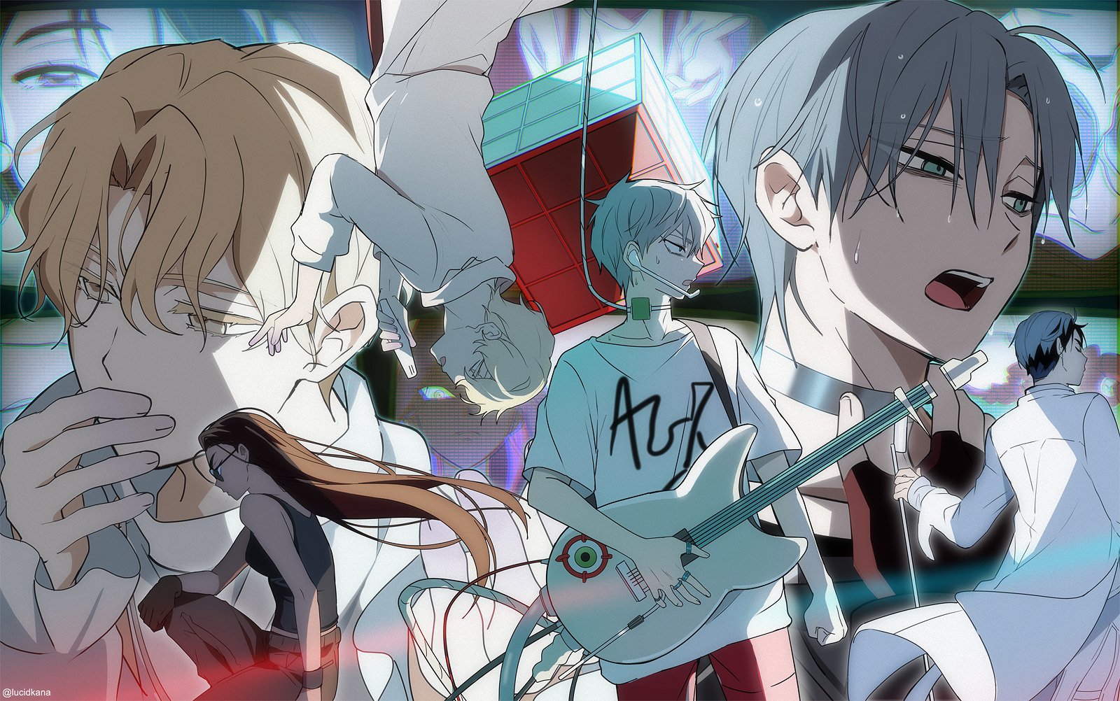 this digital illustration features a group of anime musicians performing on stage. the lead singer, a young man with silver hair and a white tshirt, is passionately belting out lyrics while holding a microphone. a second male character stands beside him, holding a blue electric guitar that seems to be lit from within.  another character, in a white and red outfit, is partially visible in the background, holding a microphone of their own and singing into it. to the left of the center, a blond anime character in a white suit seems to be looking at the microphone. in the bottom left corner, a female character in a black outfit is looking towards the stage. the illustration has a vibrant and energetic atmosphere with bright colors and dynamic poses, immersing viewers in the excitement of the music scene.