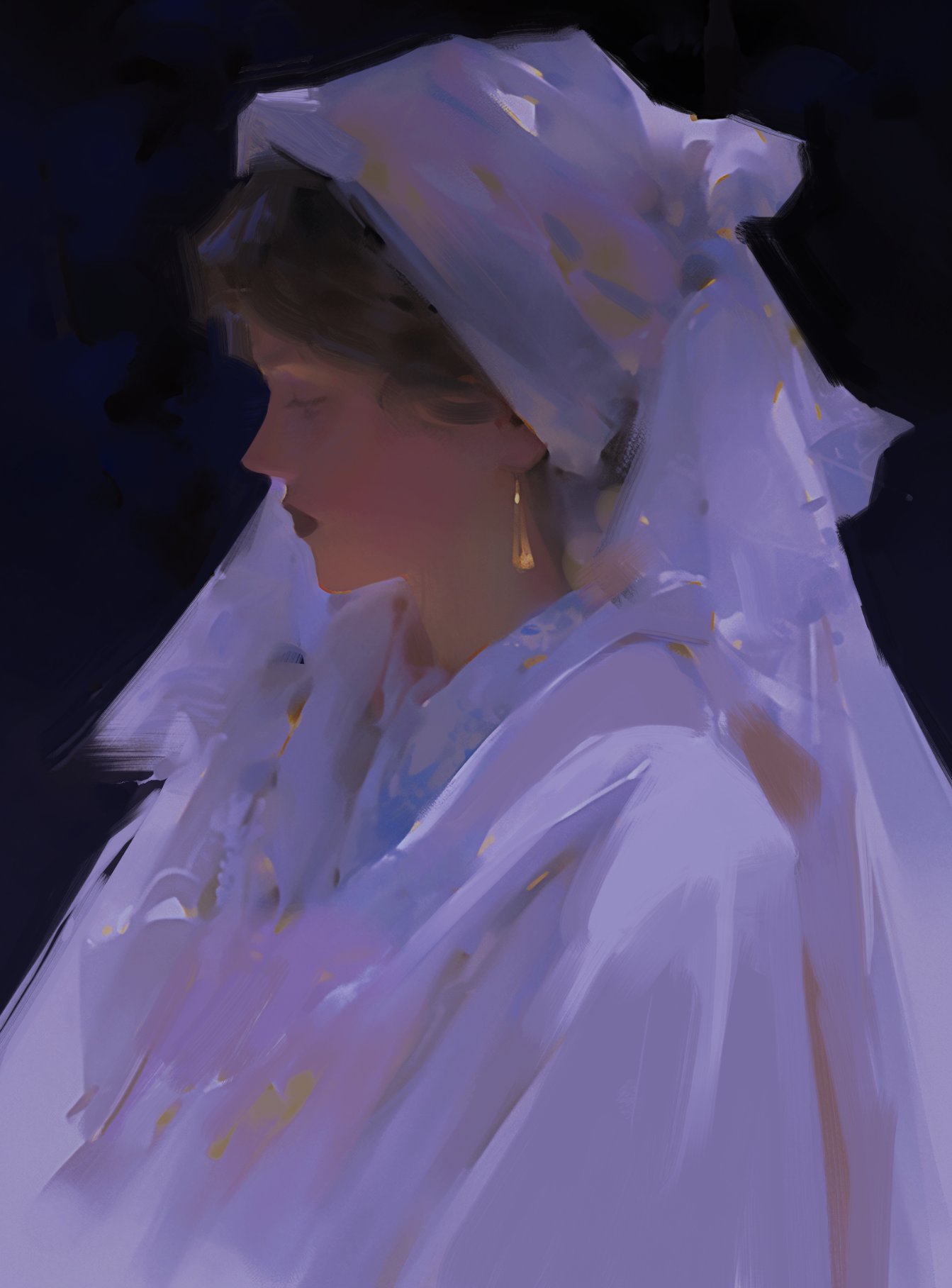 a digital painting of a woman in a white head covering. she is looking down with her eyes closed and has a soft, ethereal look about her. the painting is done in a dreamy style with soft, muted colors. the lighting is soft and atmospheric, and there is a slight shadow around the woman's head. the painting evokes a sense of peace and tranquility. the artist has used a beautiful and elegant color scheme to create a piece of art that is both visually appealing and evocative. the details in the painting are stunning. the artist has captured the woman's features in a very realistic way, giving us a sense of her personality and emotions. the overall composition is very balanced and pleasing to the eye. this artwork is a beautiful example of the power of digital art. it is a unique and creative piece that is sure to capture the attention of viewers.