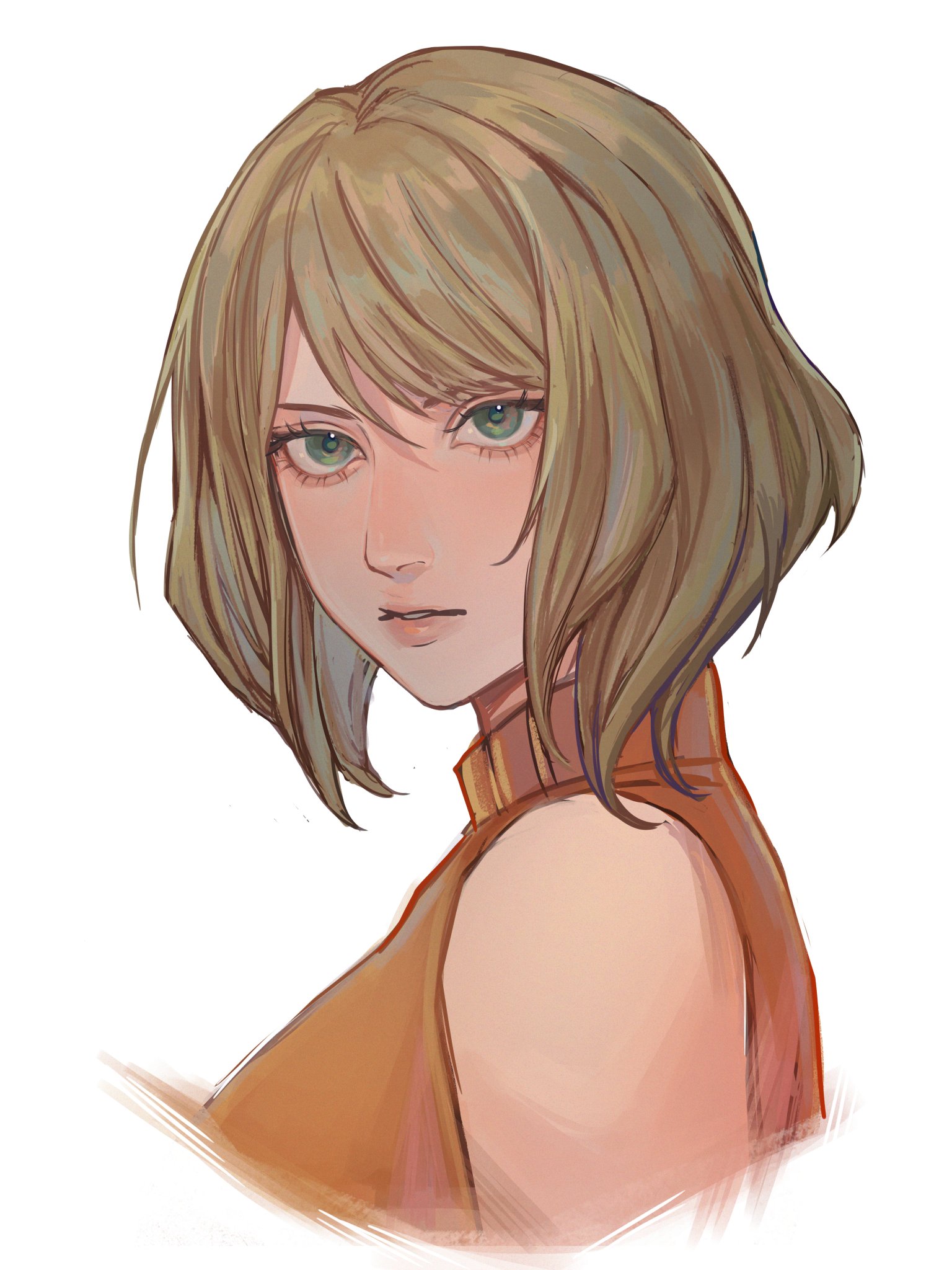 this is a digital illustration of a young anime girl with short brown hair and green eyes. she's wearing a brown sleeveless top and is looking away from the viewer with a serious expression. the image is drawn in a realistic style, with soft shading and subtle details. the background is a simple white, which allows the focus to be on the girl's face and hair. overall, the image is a beautiful and expressive piece of digital art.
