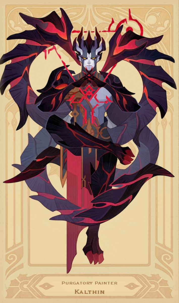the image showcases a demonlike male character, possibly named "purgatory painter  kal'thin". he stands against a pale yellow background with an ornate frame, suggesting a portrait or tarot card aesthetic. the character's skin is purple, and he has black horns, fiery red and black wings, and black armor with red accents. he holds a sword partially obscured by his body. his pose is confident and slightly defiant. the overall color scheme uses predominantly dark reds, blacks, and purples, with dramatic lighting emphasizing the character's features and creating a sense of power and danger.