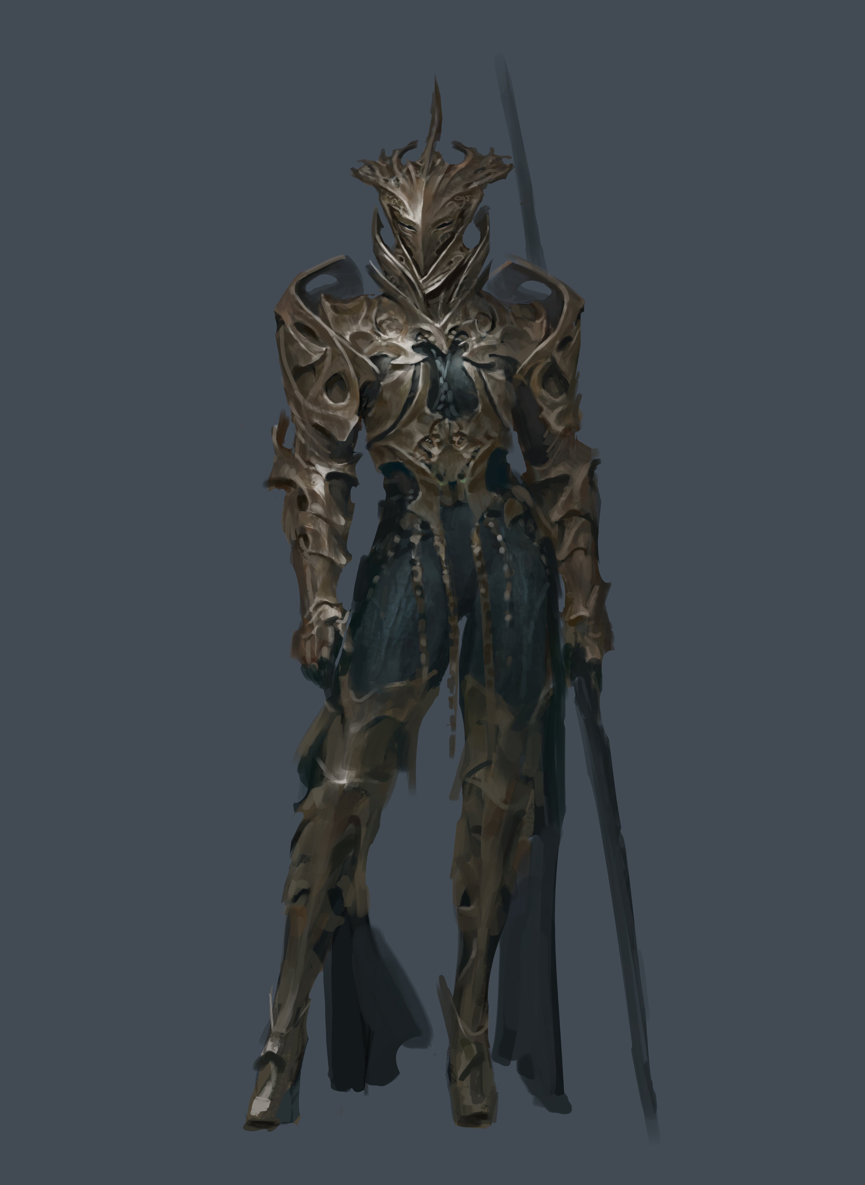 a digital painting of a knight in elaborate, darktoned armor. the knight stands in a static pose against a neutral gray background, holding a spear in their left hand. the armor features intricate detailing and a horned helmet. the overall style is dark and gritty, suggestive of a fantasy setting.