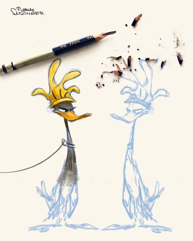 the image shows a drawing of daffy duck in a cartoon style, next to a blue pencil and pencil shavings. the drawing is a sketch with one fully colored figure and one outlined figure. the style is characteristic of animation and character design. the drawing is credited to florian satzinger in the upper left corner.