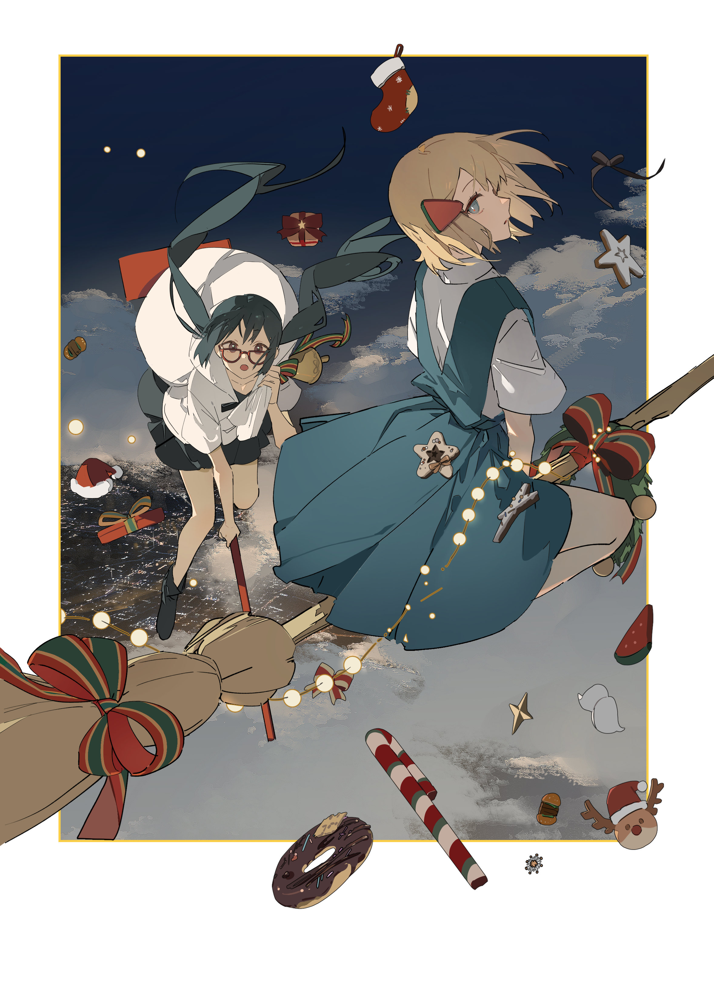 the image is a vibrant digital illustration depicting two animestyle girls dressed in festive clothing, riding a broom through a whimsical, christmasthemed night sky.  one girl wears a teal dress, and the other a white top with a dark skirt. they are surrounded by various christmas decorations, including presents, candy canes, a donut, and stars, creating a magical and festive atmosphere. the art style is soft and whimsical, with a dreamy color palette. the overall mood is joyful and celebratory, capturing the essence of a magical christmas night.