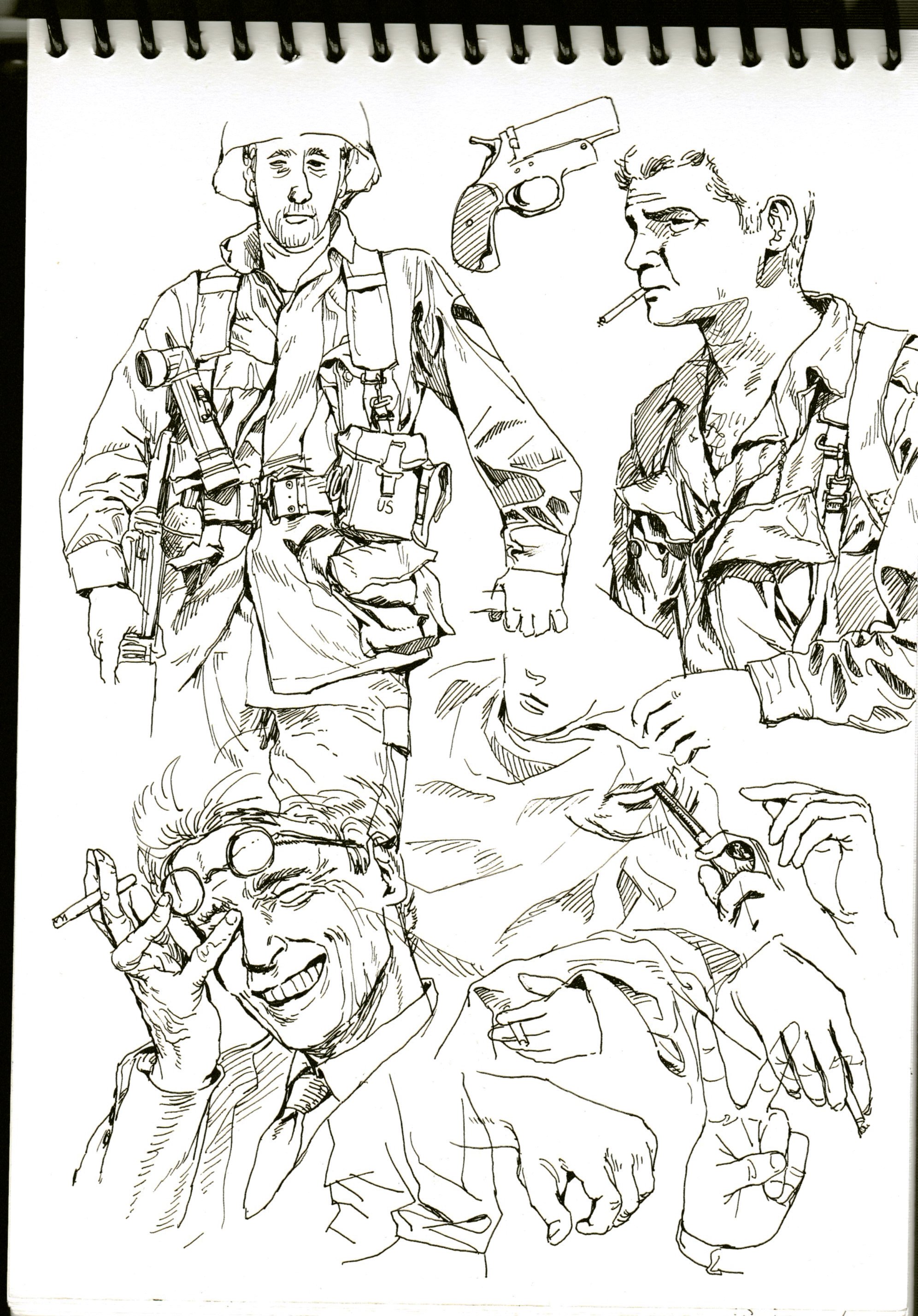 a pen and ink drawing of 4 men in a war setting. one man appears to be a military soldier with a helmet and a weapon. he is holding a gun with a long handle in his right hand. a second man appears to be a military soldier as well, he has on a uniform and is smoking a cigarette. a third man is holding a gun in his hand and is looking at the viewer. a fourth man is holding a gun and appears to be reloading. the illustration is drawn in a realistic style with fine lines. the drawing is done on white paper.