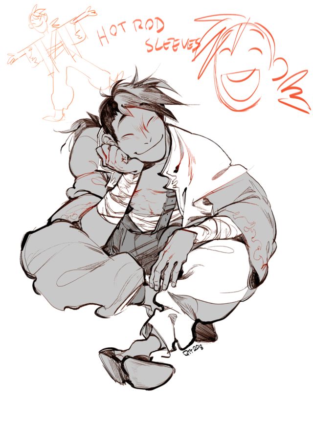 this is an animestyle drawing of a man sitting with his arms crossed and his head resting on one hand. he is smiling and looking happy and relaxed.  the drawing is in black and white, with some red details, and the background is white. the text "hot rod sleeves" is written in red at the top of the image. the man is wearing a casual outfit and his hair is styled in a cool and retro way. he is sitting in a relaxed pose and looks carefree. the drawing is of a high quality and shows a lot of detail, especially in the facial features and clothing.