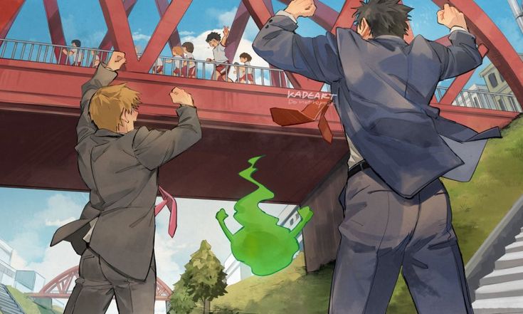 he image is a vibrant digital painting or illustration in the style of anime or manga. it depicts two men in suits, one with blond hair and the other with dark hair, positioned under a red bridge. both men are in dynamic poses, arms raised, suggesting a confrontation or competition.  a group of school students in uniforms are visible on the bridge above them. a green, ghostlike figure floats between the two men, adding a mysterious or supernatural element to the scene. the overall style is energetic and expressive, with a focus on dynamic movement and contrasting colors. the background features an urban environment, likely a city.