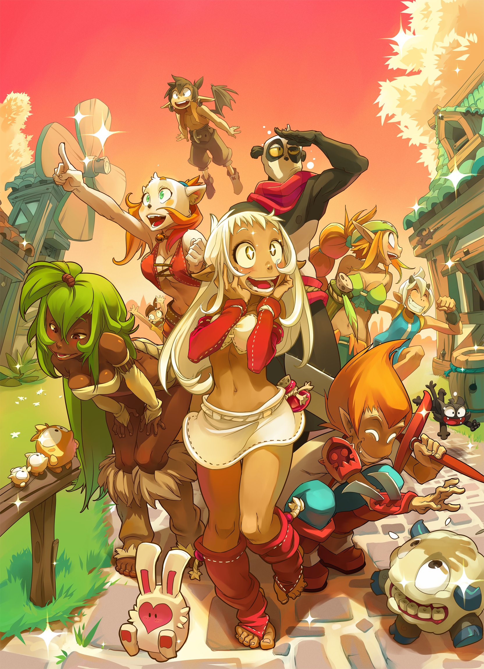 this is an illustration of a group of cartoon characters. they are in a fantasy village setting with a panda, rabbit, and other characters. the characters are looking happy and excited. the scene is colorful and fun.