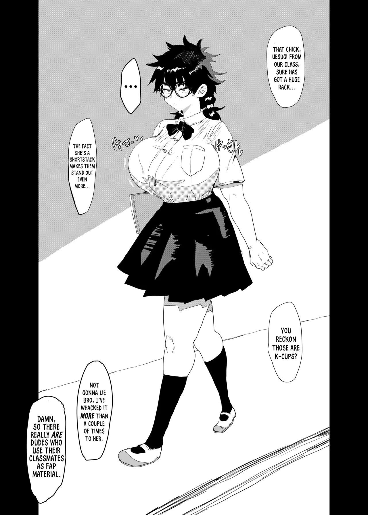 a black and white manga panel depicting an anime girl in a school uniform with very large breasts. she has short, dark hair, wears glasses, and is wearing a buttonup shirt and short skirt. several text bubbles surround her with comments about her appearance and sexualizing her.