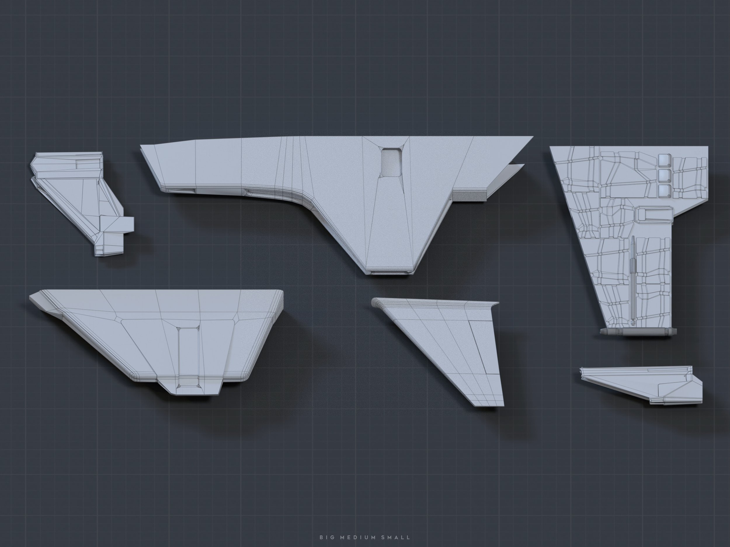the image shows a wireframe 3d model of a spaceship broken down into its individual components.  the parts are light grey and are laid out on a dark grey gridded background.  the components vary in size, suggesting a modular design.  a caption at the bottom reads "big medium small," indicating the relative scale of the different parts.  the overall style is clean and technical, suggestive of a blueprint or a design stage in the creation process.