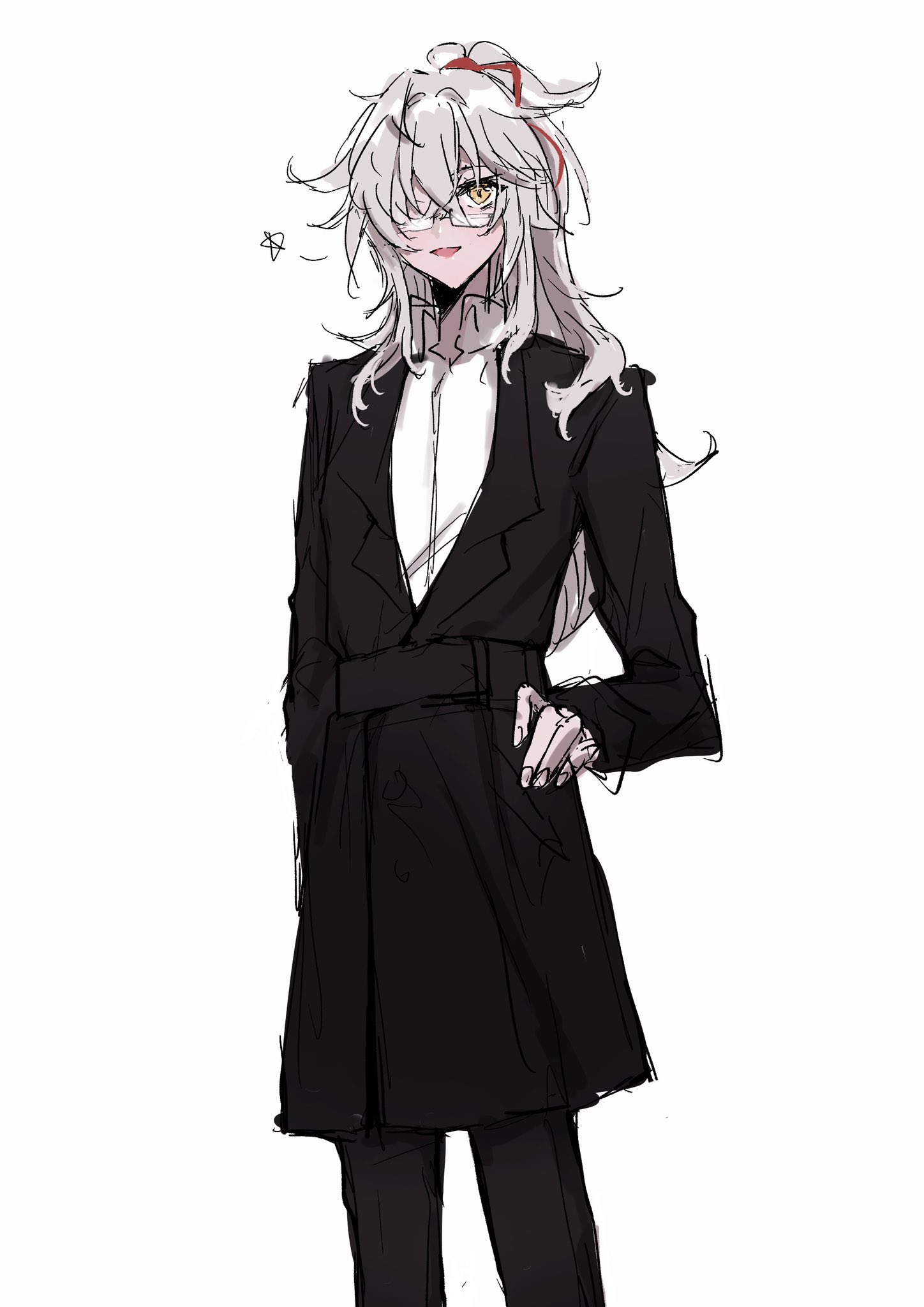 this is a digital illustration of an anime girl with long white hair, wearing a black coat and red ribbon. she is smiling and standing with her left hand on her hip. her eyes are yellow, and she is wearing glasses.