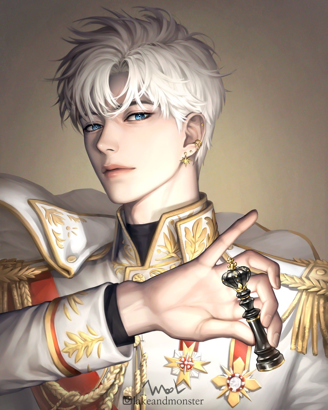 the image is a digital painting depicting a handsome young man with white hair and blue eyes, dressed in an ornate white and gold militarystyle uniform with red accents.  he appears to be of royal status, perhaps a prince or king. he holds a black chess king piece in his hand, suggesting power and strategic thinking. his expression is confident and somewhat alluring. the artwork is highly detailed, with a focus on realistic rendering of his features and the intricate design of his clothing.  the overall style is reminiscent of anime or manga art, but with a more realistic approach to rendering. the background is a muted tone, drawing attention to the character in the foreground.