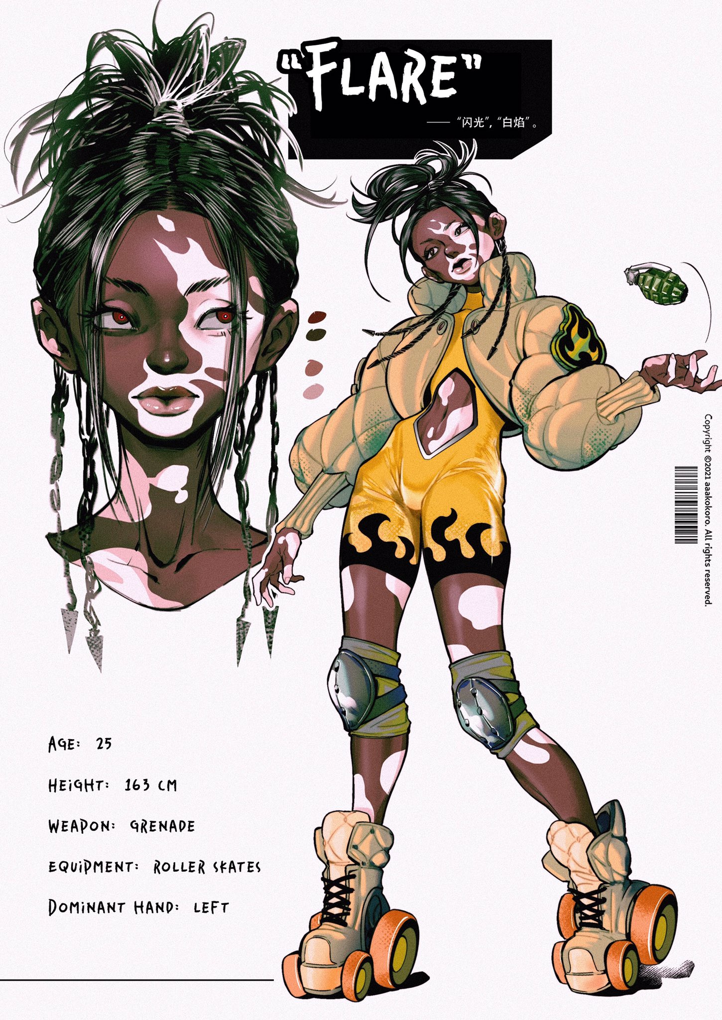 a character design of a woman with dark skin and roller skates holding a grenade. she is wearing a yellow outfit and a beige jacket. the character design is in anime style and her name is "flare".