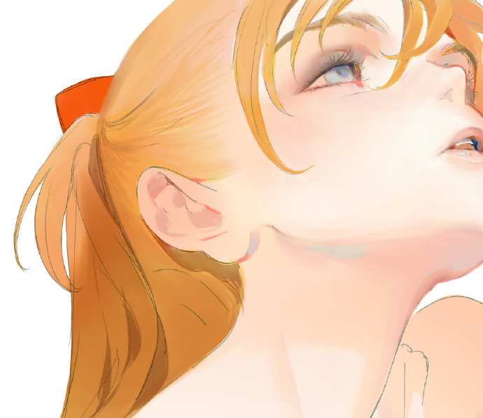 a close up portrait of an anime girl with blonde hair looking up. her eyes are bright and her skin is pale.